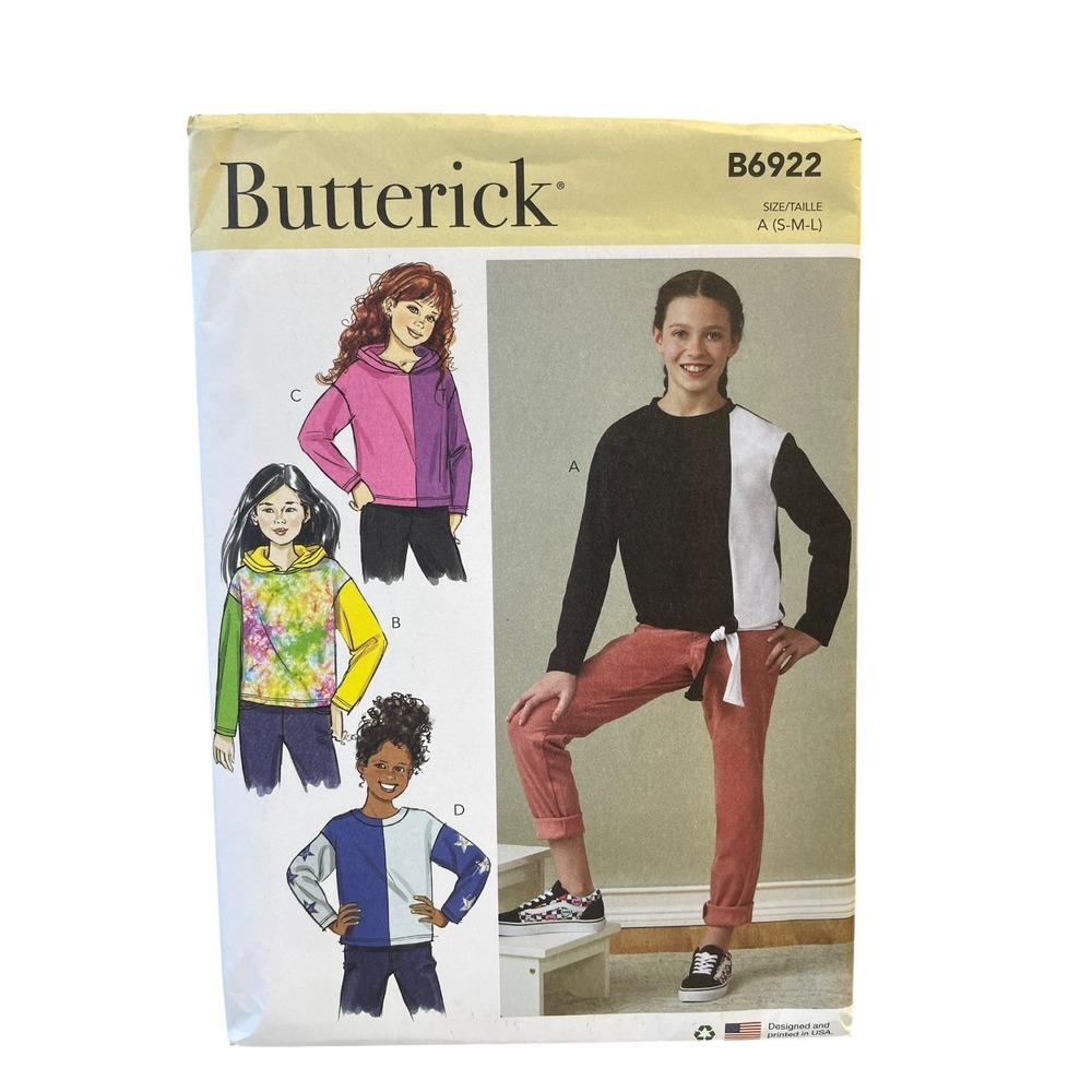 Butterick Knit Top Sewing Pattern Girls S-M-L B6922 Colorblock Hooded Easy